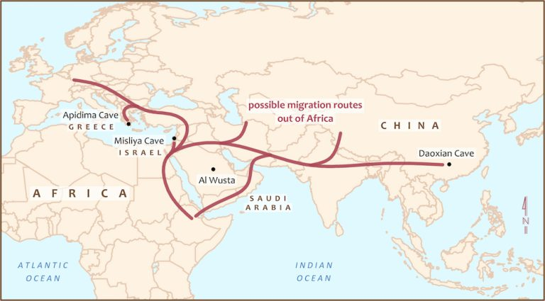 Map showing possible early Homo sapiens migration routes out of Africa including Al Wusta in Saudi Arabia
