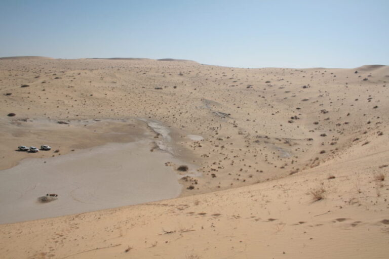 Al Wusta palaeolake basin viewed from atop a neighboring sand dune with field vehicles