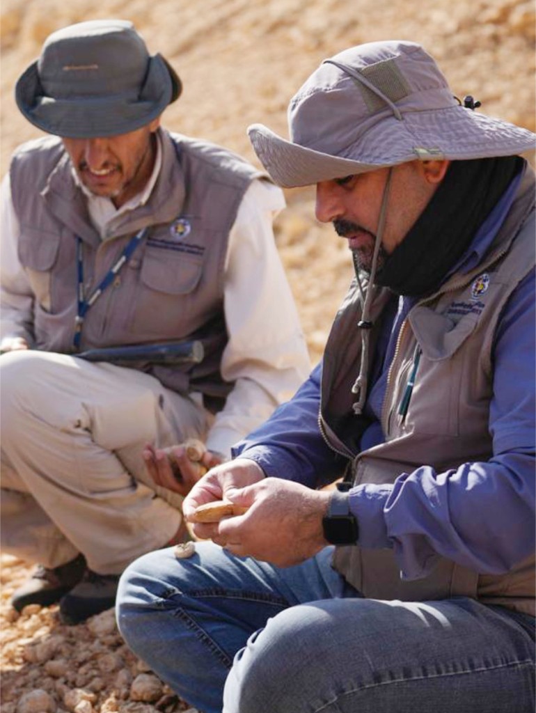 Iyad Zalmout and SGS colleague examining fossils at the Dammam Formation outcrop in Khurais