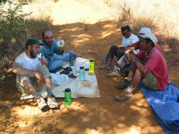 Field team lunch on the dusty road to Mitsinjo including Mitchell Irwin and Iyad Zalmout