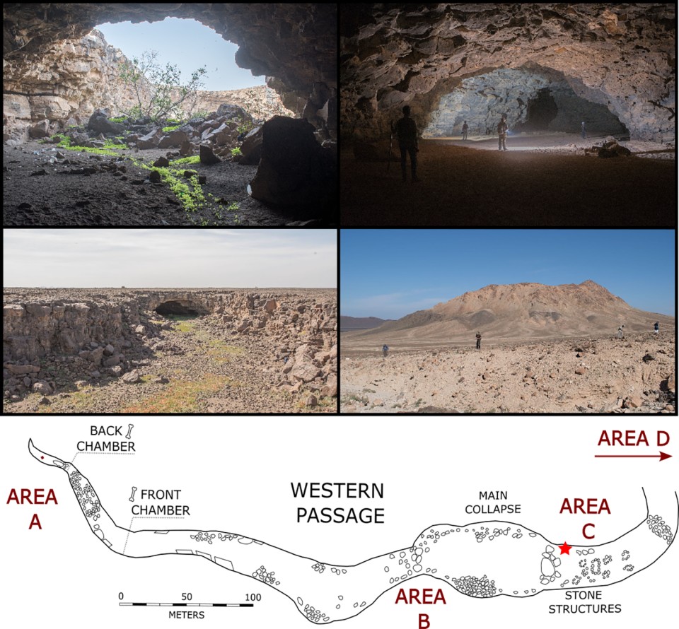 Photographs and plan of Umm Jirsan lava tube cave system in Harrat Khaybar, Saudi Arabia